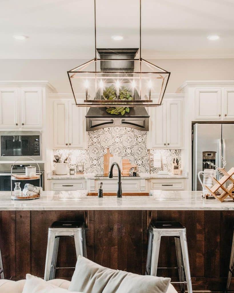country kitchen white cabinets wood bench track lighting