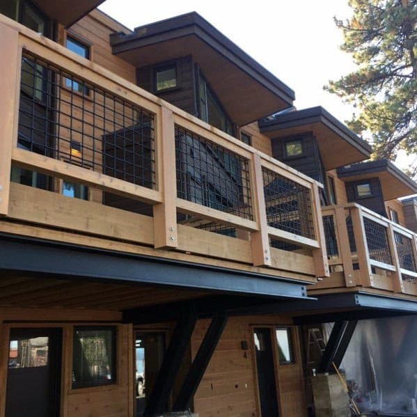 industrial look wood and metal mesh wire deck railing