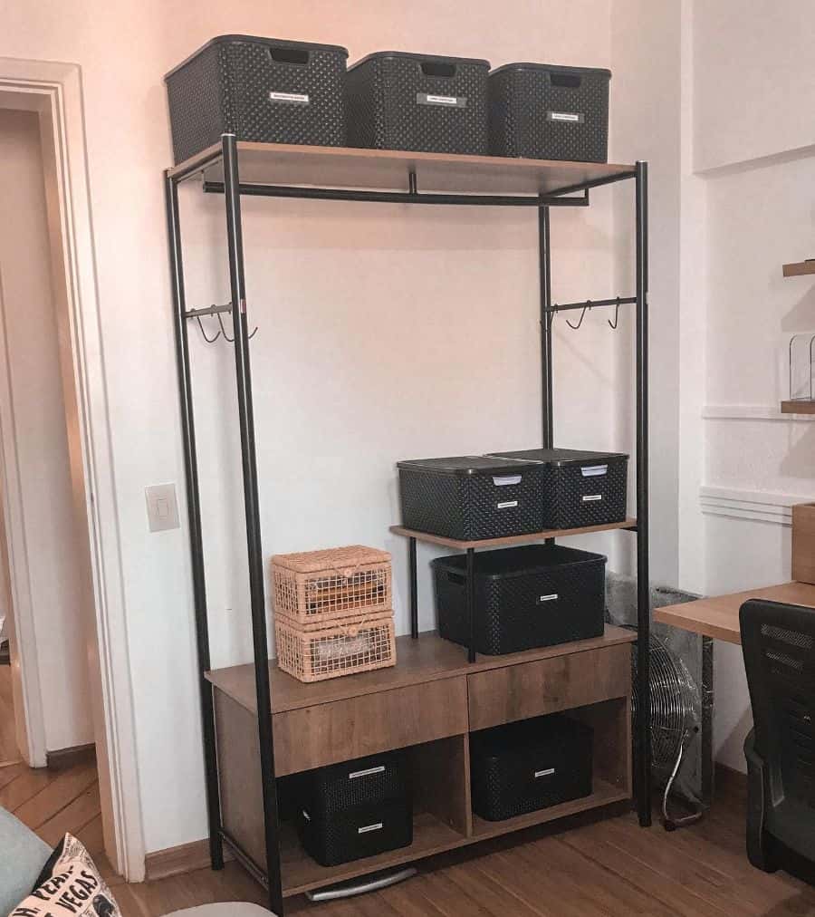 black frame wood top industrial office storage unit black storage tubs and baskets