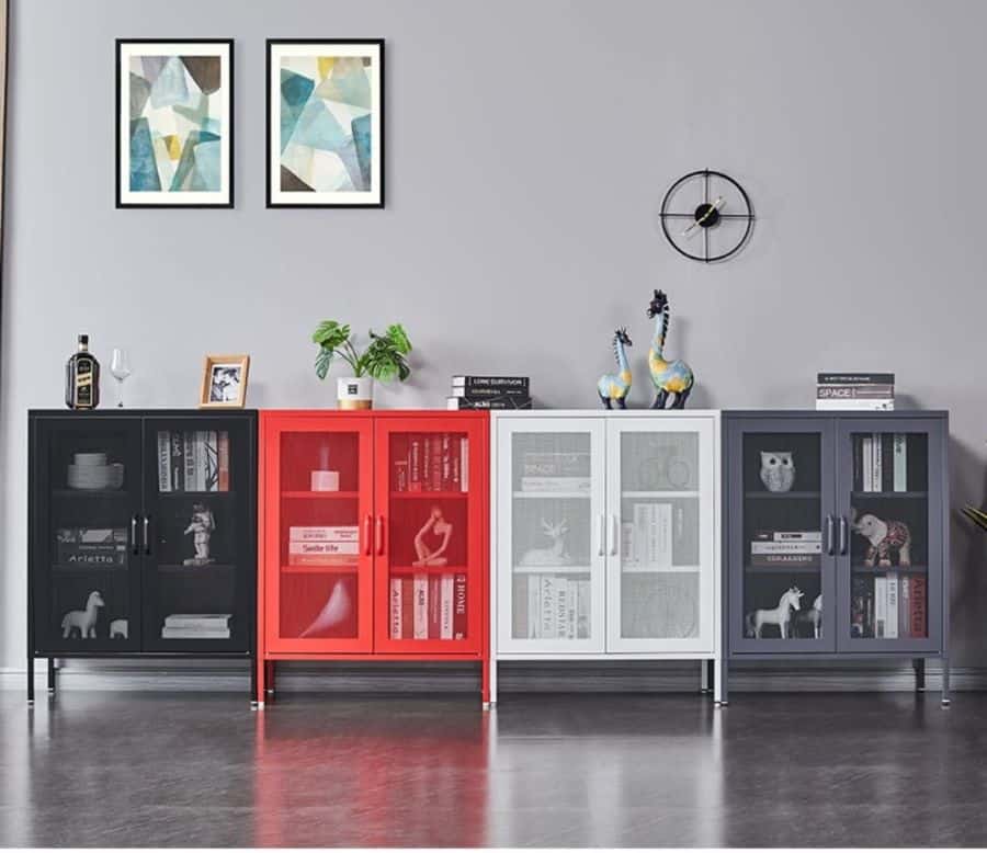 industrial office storage units in black red white and gray framed wall art books plants