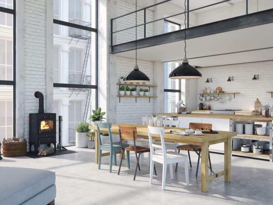 industrial apartment open kitchen dining room