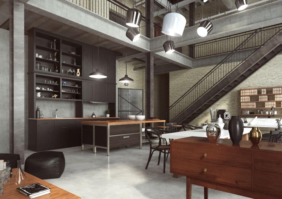 industrial style warehouse kitchen and dining room