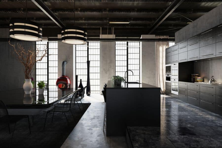 huge open industrial kitchen with black cabinets