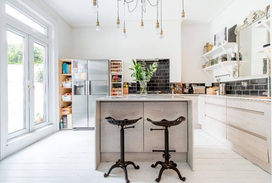 large open kitchen with pendant ceiling lighting