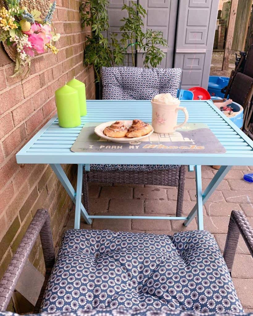 blue table and flower pattern seats