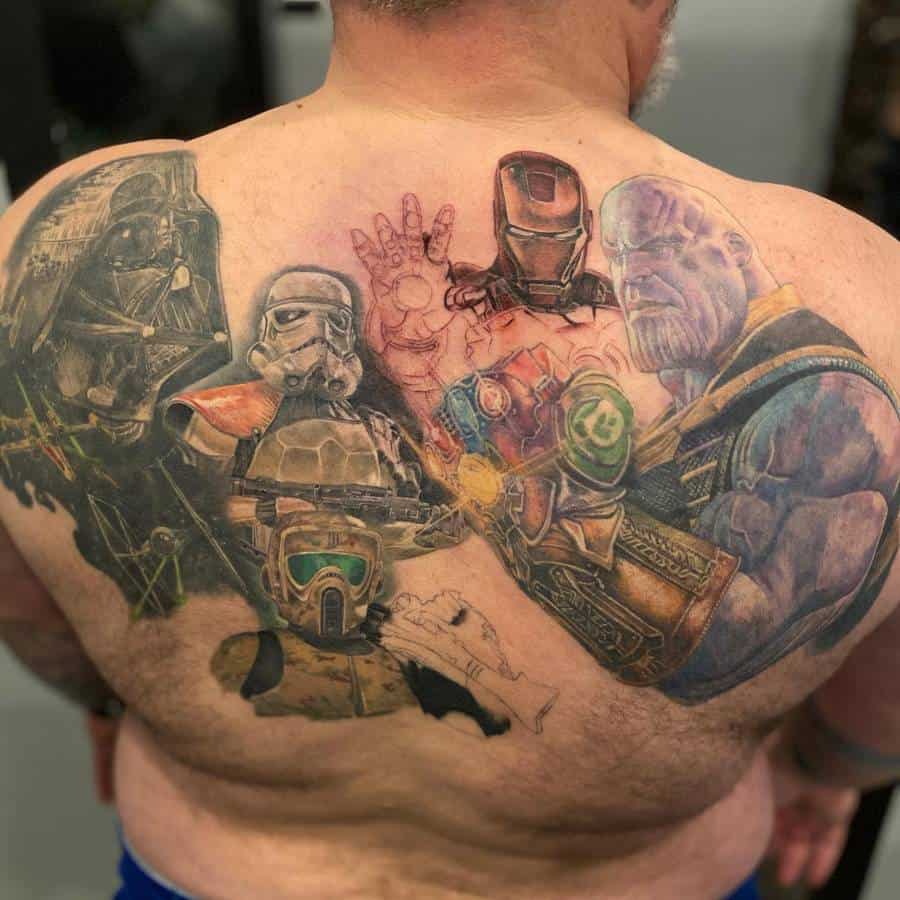 Epic tattoo featuring Thanos with the Infinity Gauntlet, alongside Iron Man and Star Wars characters in a bold mashup