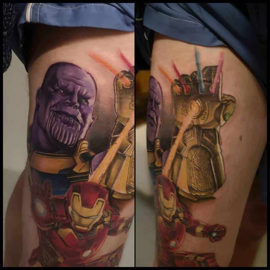 Bold Thanos tattoo featuring the Infinity Gauntlet in action, with Iron Man in battle