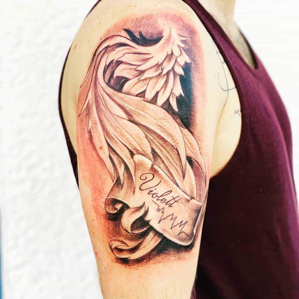 Detailed angel wing tattoo with flowing feathers, a scroll featuring the name 'Violett,' and a heartbeat line design