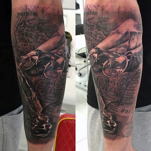 Ink Pen Scrolls Map Tattoo For Men On Forearm