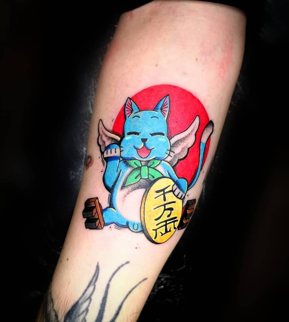 This tattoo features Happy from *Fairy Tail* styled as a lucky Maneki-Neko, holding a gold coin with Japanese kanji, symbolizing fortune.