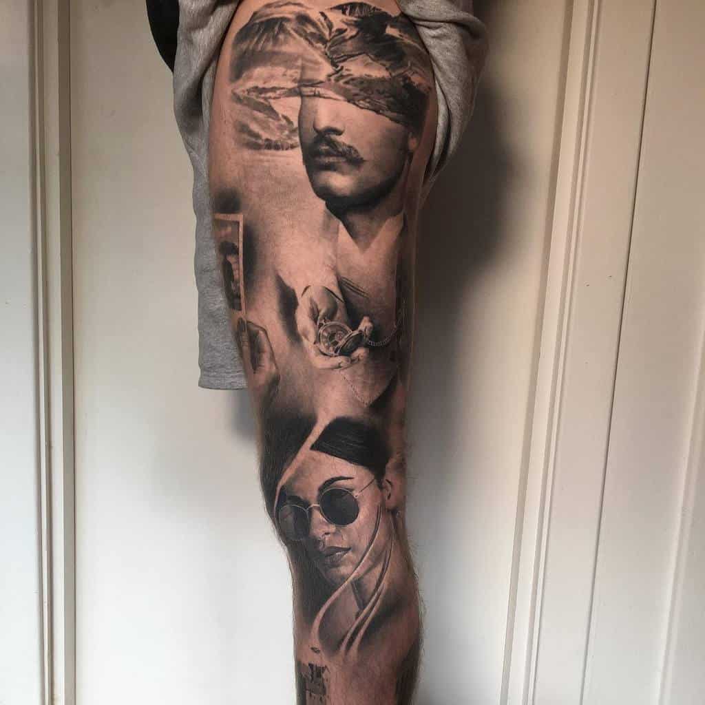 Realistic black and grey leg sleeve tattoo, featuring a collage of imagery including a blindfolded man, a vintage compass, and a portrait of a woman with sunglasses