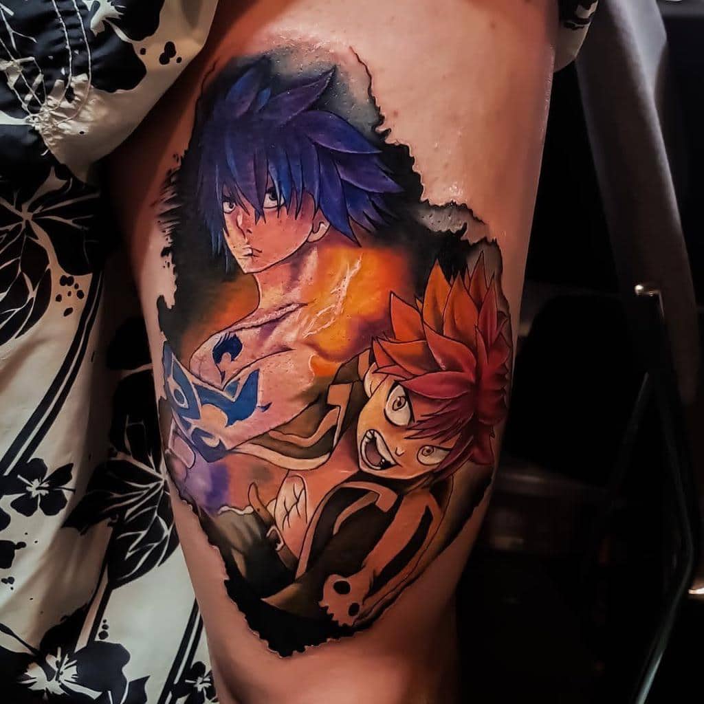 Realistic tattoo of Gray Fullbuster and Natsu Dragneel from Fairy Tail, featuring intense shading, fiery and icy effects, and a torn-skin design.