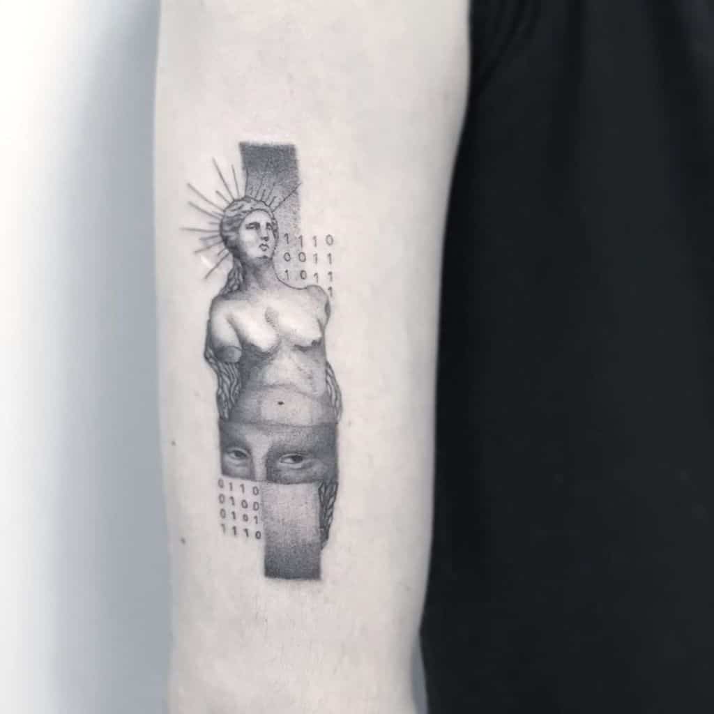 Black and gray single needle tattoo with a Roman-style bust, binary code, and eyes on an arm