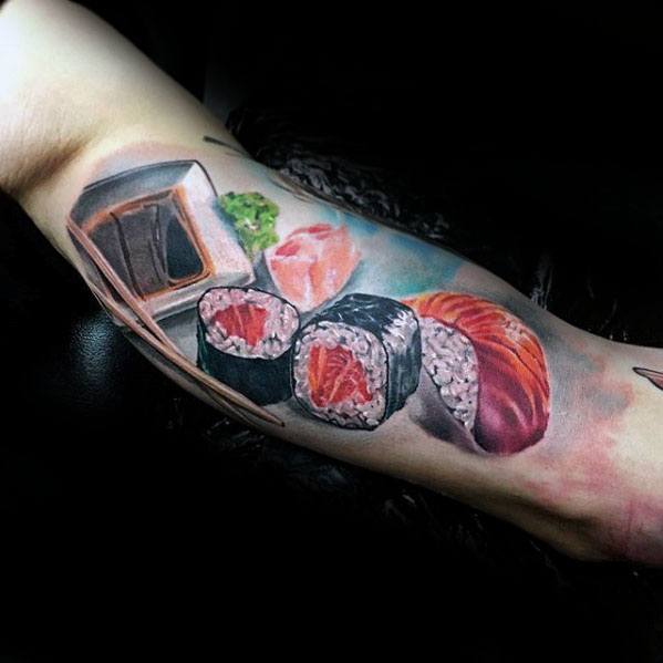 Inner Arm Bicep 3d Realistic Male Sushi Tattoo Ideas