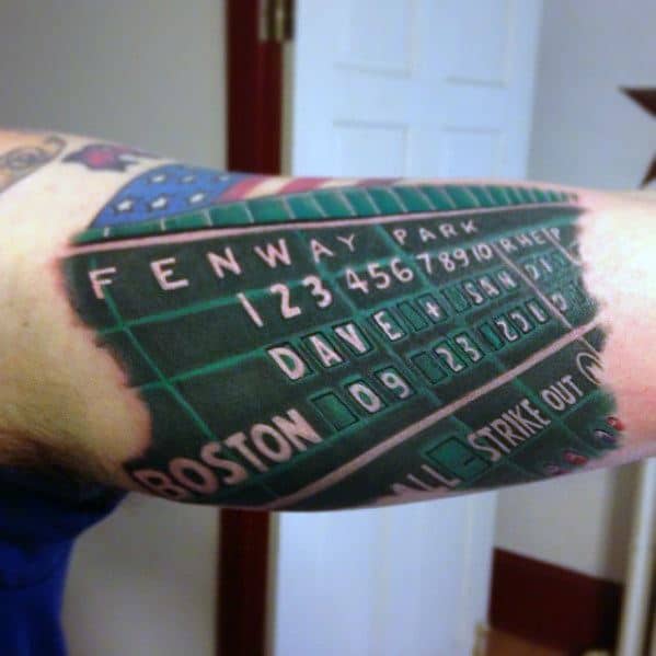 Inner Arm Bicep Baseball Scoreboard Guys Boston Red Sox Tattoo Design Idea Inspiration