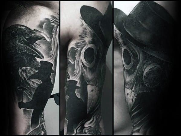 Inner Arm Bicep Black And Grey Ink Creative Plague Doctor Tattoos For Men
