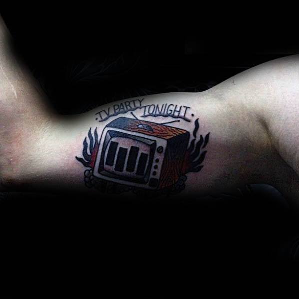 Tattoo of a flaming retro TV with Black Flag bars on the screen and "TV Party Tonight" above, capturing chaotic punk nostalgia.