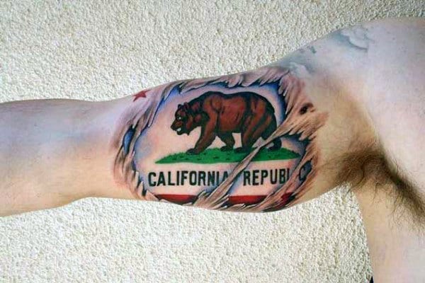 Inner Arm Bicep California Flag With Bear Mens Ripped Skin Tattoo Designs