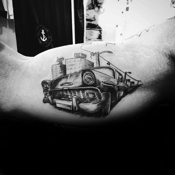 Inner Arm Bicep Chevy Car With City Street Tattoo Ideas For Guys