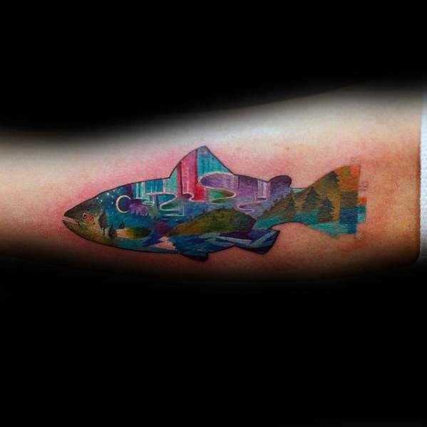 Inner Arm Bicep Colorful Fish Pixel Tattoos Guys