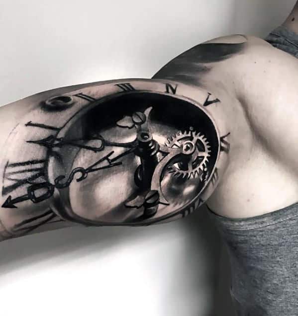Inner Arm Bicep Different 3d Clock With Gears Tattoo Designs For Men