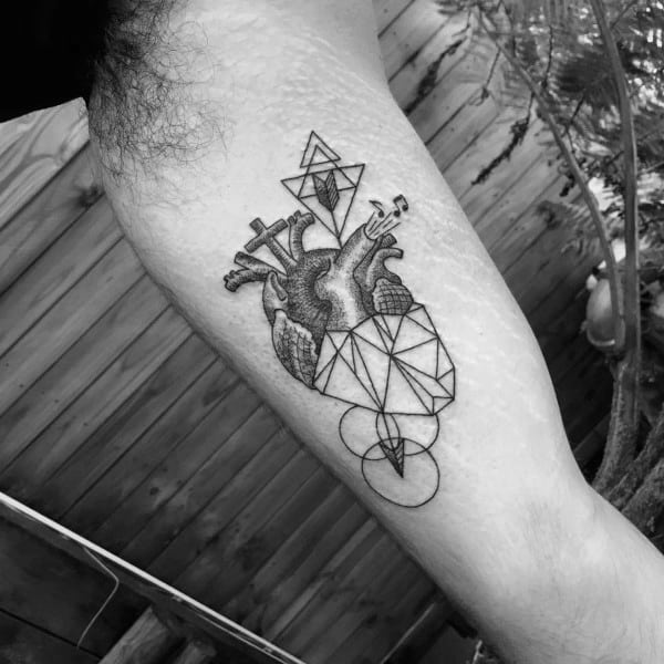 Inner Arm Bicep Geometric Heart Circles And Triangles Mens Tattoo Design