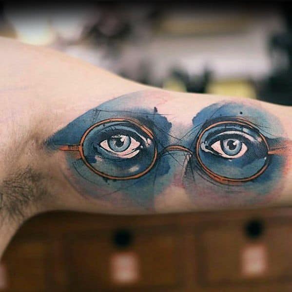 Inner Arm Bicep Glasses With Eyes Watercolor Male Small Unique Tattoos