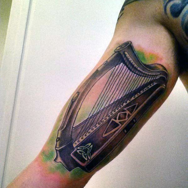 Inner Arm Bicep Green Celtic Harp Tattoos Guys