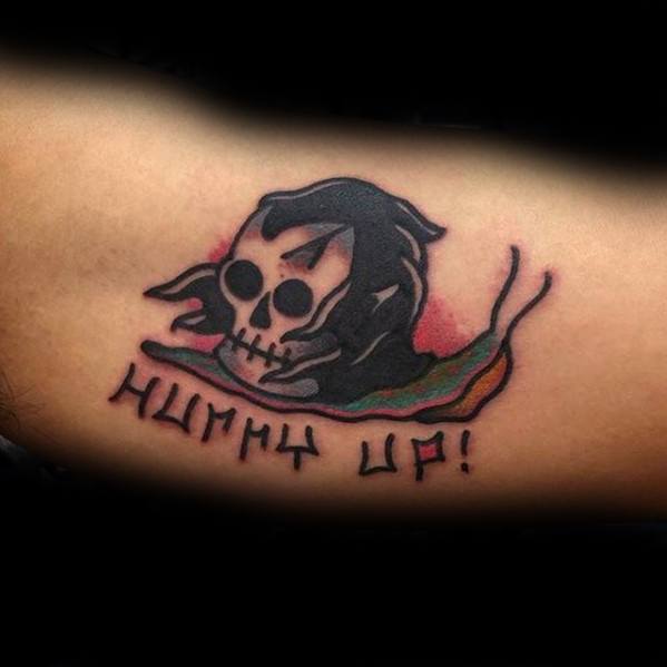 Inner Arm Bicep Grim Reaper Skull Hurry Up Unique Mens Snail Tattoos