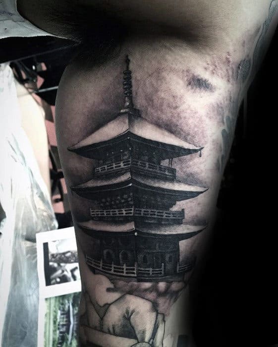 Inner Arm Bicep Guys Realistic Japanese Temple Tattoos