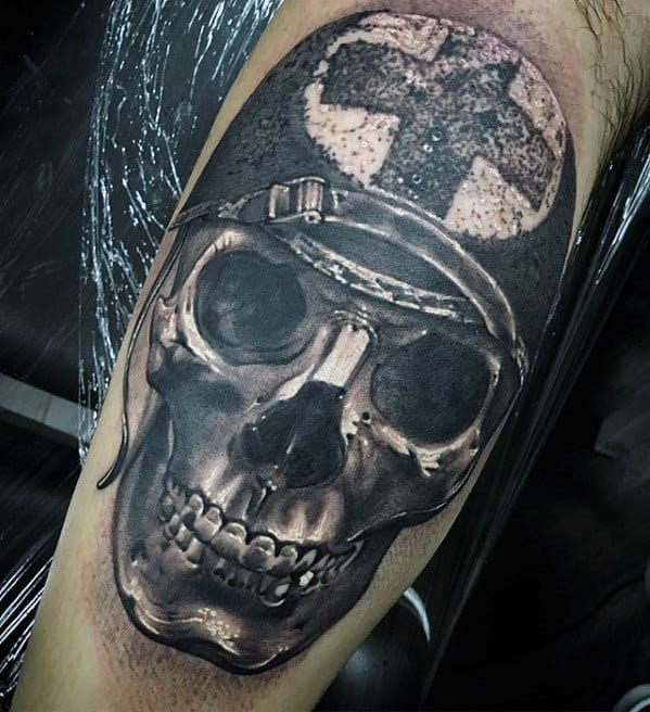 Inner Arm Bicep Hyper Realistic Medic Helmet Skull Tattoo For Men