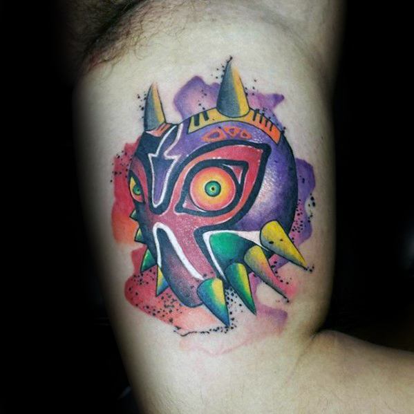 Inner Arm Bicep Majoras Mask Tattoo Ideas On Guys