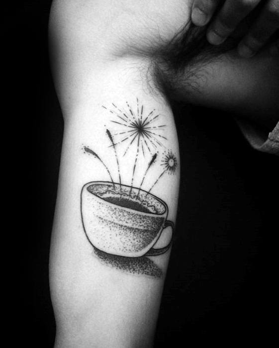 Inner Arm Bicep Male Coffee Cup Fireworks Tattoo Ideas
