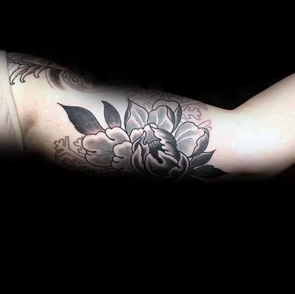 Inner Arm Bicep Male Peony Shaded Black And Grey Flower Tattoos