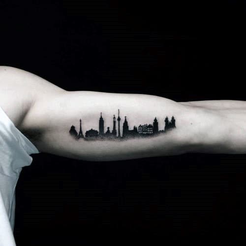 Inner Arm Bicep Male Skyline City Building Tattoo Design With Black Ink