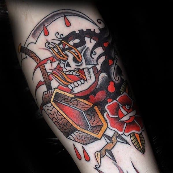 Inner Arm Bicep Male Traditional Coffin Rose Flower Reaper Tattoo Design Inspiration