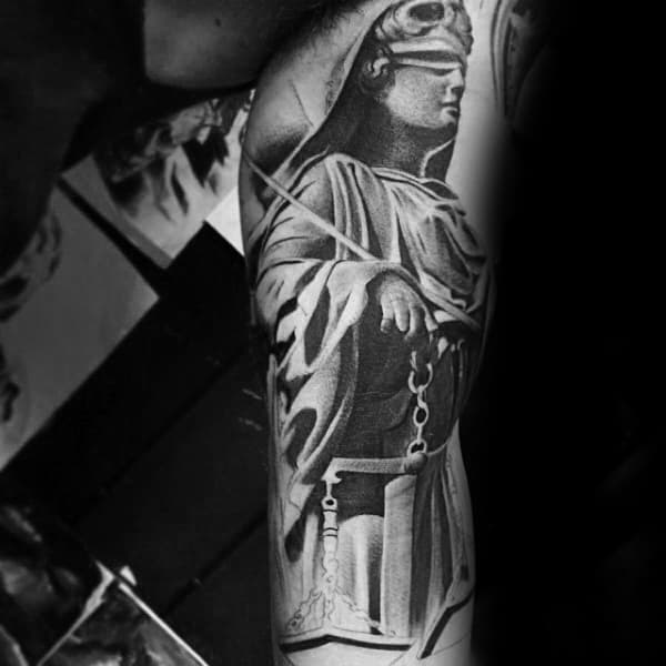 Inner Arm Bicep Masculine Guys Lady Justice Tattoos