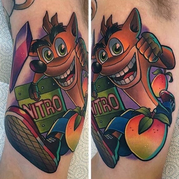 Inner Arm Bicep Mens Crash Bandicoot Tattoo Design Inspiration