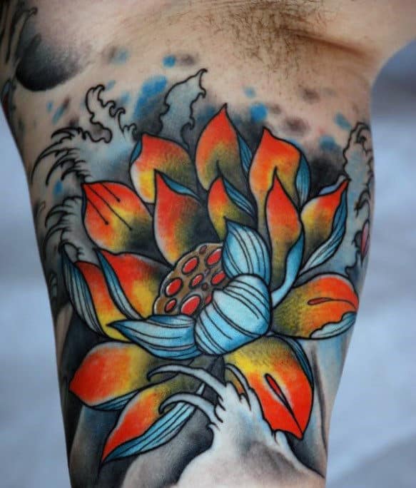Inner Arm Bicep Mens Lotus Flower Tattoos