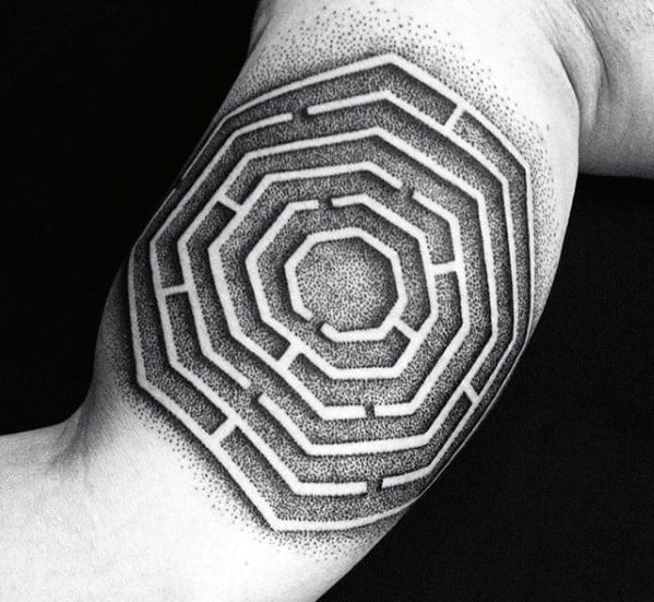 Inner Arm Bicep Negative Space 3d Dotwork Maze Tattoo Designs On Gentleman