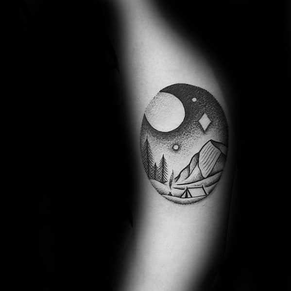 Inner Arm Bicep Negative Space Moon With Mountains And Tent Guys Tattoo Designs