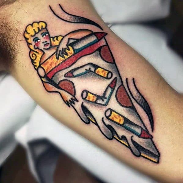 Inner Arm Bicep Old School Artistic Male Pizza Tattoo Ideas