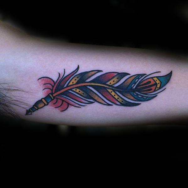 Inner Arm Bicep Old School Traditional Amazing Mens Quill Tattoo Designs