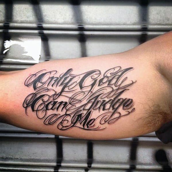 inner arm bicep only god can judge me tattoo for men
