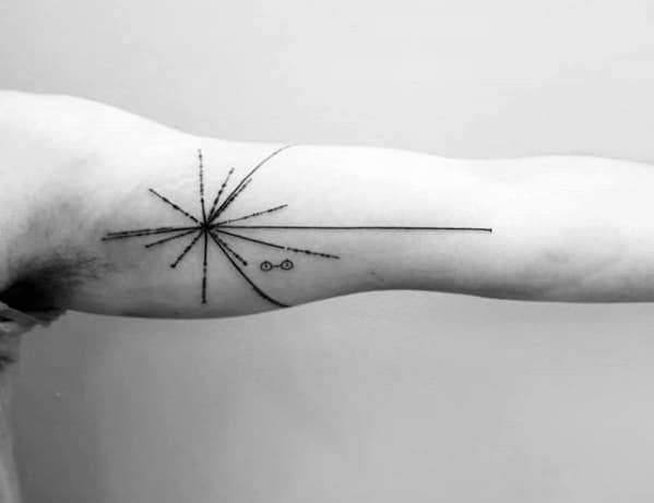 Minimalist tattoo of a pulsar map on an inner arm featuring simple lines and dots