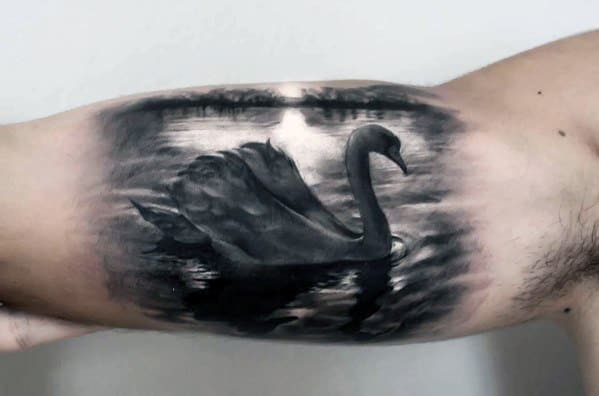 Black swan tattoo on the bicep, gliding across a calm lake at sunset, with soft reflections and a moody, serene atmosphere.