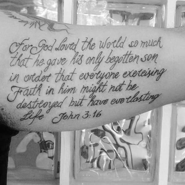 Inner Arm Bicep Religious Bible Quote John 316 Mens Tattoos