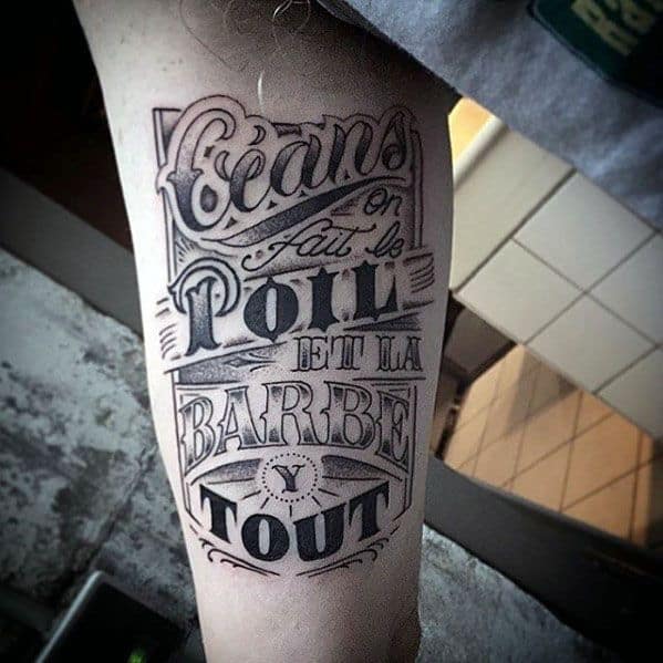 Inner Arm Bicep Retro Font Typography Male Tattoo Ideas