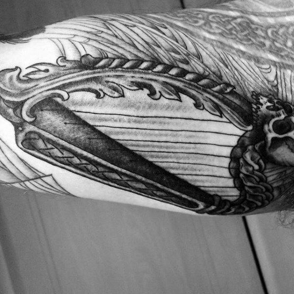 Inner Arm Bicep Shaded Harp Tattoo Designs For Guys