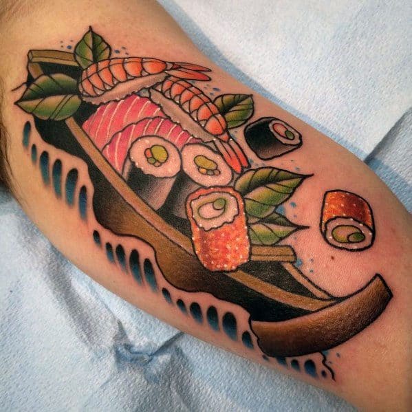 Inner Arm Bicep Sharp Sushi Boat Male Tattoo Ideas